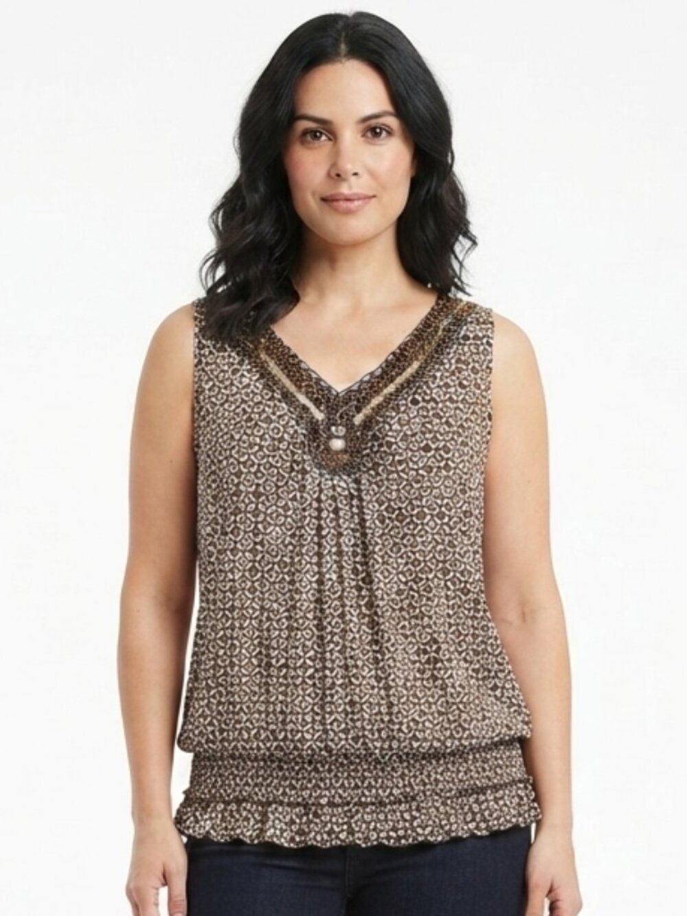 Dressbarn Sleeveless Beaded Ruffle Peplum Blouse- Sz. Lrg